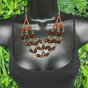 Amber Teardrop Crystal Necklace Bib Statement Gold Tone Boho Beaded 3817